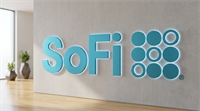 SoFi Technologies logo mounted on a concrete wall in a modern office lobby setting.