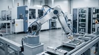An industrial robotic arm assembles a circuit board on a factory production line.