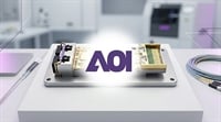 Applied Optoelectronics (AOI) logo overlaid on an optical transceiver module displayed in a laboratory setting.