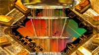 Stylized rendering of a quantum computer processor with gold wiring and colorful semiconductor components.