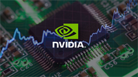 NVIDIA logo overlaid on a circuit board with a rising stock price line chart in the background.