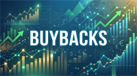 Illustrated graphic with the word "Buybacks" overlaid on rising stock charts and currency symbols.