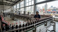 A worker oversees Coca-Cola glass bottles moving along a production line at a bottling facility in India.