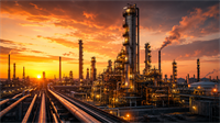 An oil refinery with distillation towers and pipelines lit at sunset against an orange sky.