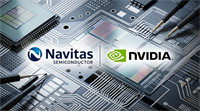Navitas Semiconductor and Nvidia logos displayed over a stylized semiconductor circuit board background.