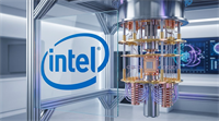 Intel logo displayed beside a quantum computing hardware unit in a laboratory setting.