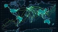 Illustrated world map showing global market trends with interconnected data lines and index level charts.