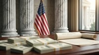 Stacks of US currency and an official document sit on a desk in a government chamber.