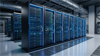 Rows of illuminated server racks with network cables fill the interior of a data center.