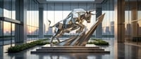 A polished geometric bull sculpture mounted on an upward-pointing arrow in a modern corporate lobby.