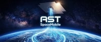 AST SpaceMobile logo displayed over a stylized illustration of a satellite beaming signals toward Earth.