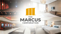 The Marcus Corporation logo centered over a collage of movie theater and hotel room interiors.