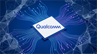 Qualcomm logo displayed on a stylized semiconductor chip with digital network lines on a blue background.