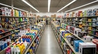 Interior aisle of a retail store stocked with cleaning products, tools, and small appliances.