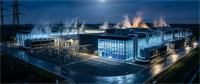 Aerial night view of a large data center facility with cooling systems and power infrastructure.
