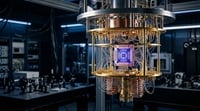A quantum computing processor glows inside a gold-plated dilution refrigerator in a research laboratory.