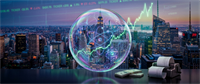 A glowing translucent "quantum" bubble enclosing a city skyline sits beside stacked cash and a ticker tape printer, with stock charts overlaid.