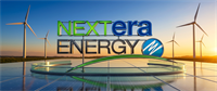 NextEra Energy logo displayed against a backdrop of wind turbines and solar panels at sunset.