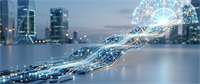 A digital illustration of a glowing AI brain connected to circuit pathways against a city skyline backdrop.