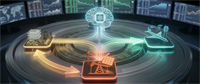 An illustrated concept image showing AI, semiconductor, energy, and aerospace sector icons connected by glowing data streams.