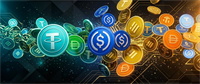 Illustrated stablecoin tokens including Tether (USDT), USD Coin (USDC), Dai, and TrueUSD scattered across a dark background.
