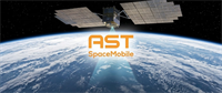 AST SpaceMobile promotional graphic showing a satellite orbiting Earth with the company logo overlaid.