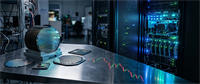 Semiconductor wafers and chips on a lab table beside server racks, with a declining stock price candlestick chart overlay.
