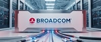 Illustration of a server unit displaying the Broadcom logo with cables connected, set in a data center.