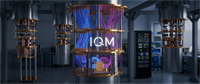 Illustration of a quantum computing chandelier with the IQM logo, surrounded by cryogenic quantum computer units in a lab.