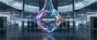 Amazon logo at the center of a glowing digital sphere with data streams in a server room.