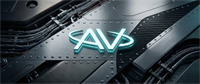 Illuminated AV logo displayed on a riveted metal panel surrounded by cables and machinery components.