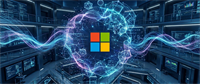 Microsoft logo surrounded by a glowing digital network graphic in a data center with screens displaying charts and code.