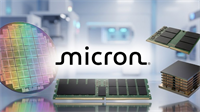 Micron logo with a silicon wafer, memory modules, and semiconductor chip stack in a lab setting.