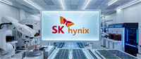 SK Hynix logo displayed on a lit panel inside a semiconductor manufacturing facility with robotic arms and equipment.