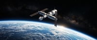 Illustration of a space station with solar panels orbiting Earth against a starry background.
