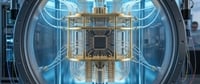 Illustration of a quantum computing chip with gold wiring and cryogenic cooling components inside a circular chamber.