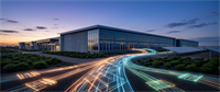 Data center building at dusk with illuminated network light trails and solar panels in the foreground.