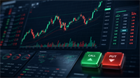 Trading screen displaying a candlestick price chart, options calls and puts pricing table, and green call, red put buttons.