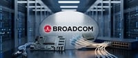 Broadcom logo on a silicon wafer with circuit boards, fiber optic cables, and a network switch in a data center.
