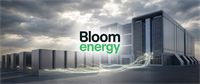 Bloom Energy logo displayed beside a row of fuel cell units and a large industrial building under a cloudy sky.