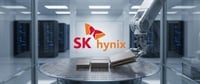 SK hynix logo above a robotic arm placing memory chips on a wafer in a server data center.
