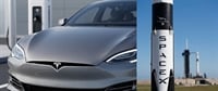 Split image showing a Tesla Model S front end with logo alongside a SpaceX Falcon 9 rocket on the launch pad.