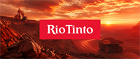 Rio Tinto logo displayed over a mining site with excavators and a haul truck at sunset.
