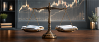 A brass balance scale weighs stacks of financial documents on a desk, with a stock candlestick chart in the background.