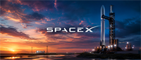 SpaceX logo beside a rocket on a launch pad at sunset, with a colorful sky in the background.