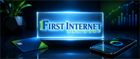 First Internet Bancorp logo illuminated on a glass panel beside a bank card and smartphone with financial charts.