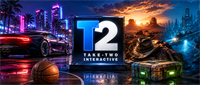 Take-Two Interactive logo with imagery representing its game franchises, including a sports court, sports car, desert canyon, and Western-style hat.