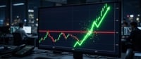 Computer monitor displaying a candlestick stock price chart breaking above a resistance line, with traders working in a dark office.
