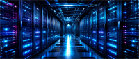 Rows of illuminated server racks with blue lighting line a data center corridor.