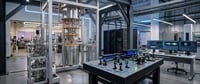 Laboratory with a cryogenic quantum processor chamber, optical laser setup on a table, and data monitors displaying waveforms.